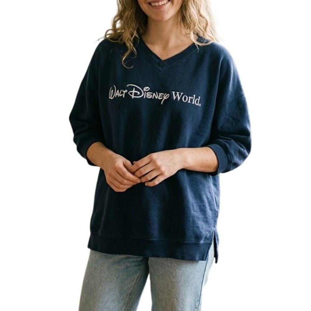 Vintage Walt Disney World Navy Embroidered V-Neck Sweatshirt Oversized Women's